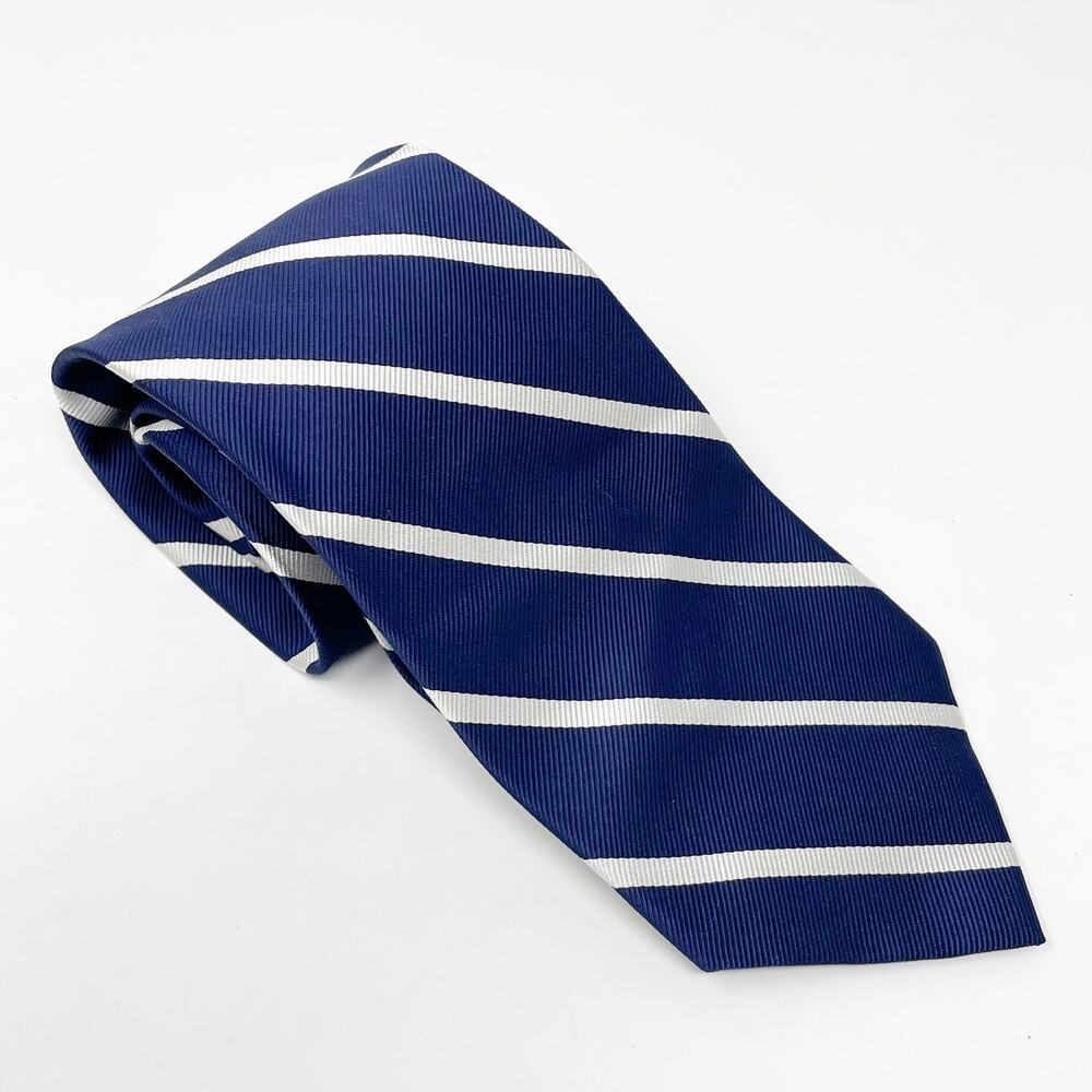J. Crew Men's Dark Blue White Stripe Silk Tie Preppy Academic Collegiate GUC
